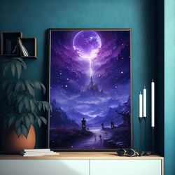 magical castle art print purple moon and magic fog fantasy painting perfect to gift fantasy lovers