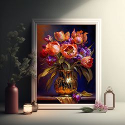 oil painting flowers in a vase art  mother's day special vase painting gift for her  hot tones  christmas
