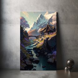 dwarven village canvas art dnd rpg fantasy painting wall art river and mountain gift for rpg lovers christmas