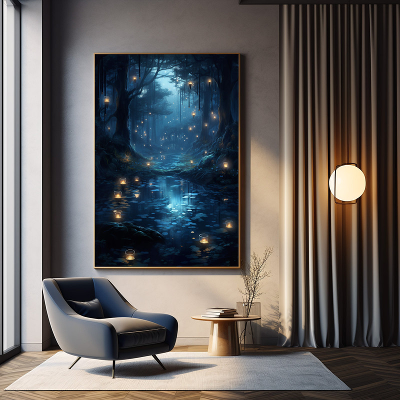 Spiritual Blue Forest Filled With Candles and Flowers Art Print - Forest Painting - Perfect To Gift Nature Lovers.jpg