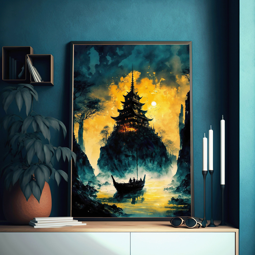 Japanese Palace Art Print Alcohol Ink Painting Boat on The River Fantasy Art Print Gift Japan Fantasy Lovers Christmas.jpg