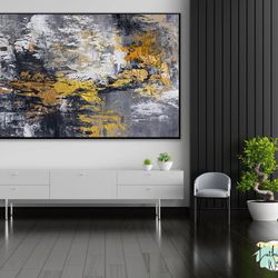 modern gold black white grey painting canvas wall art living room wall decor, original art painting large abstract wall