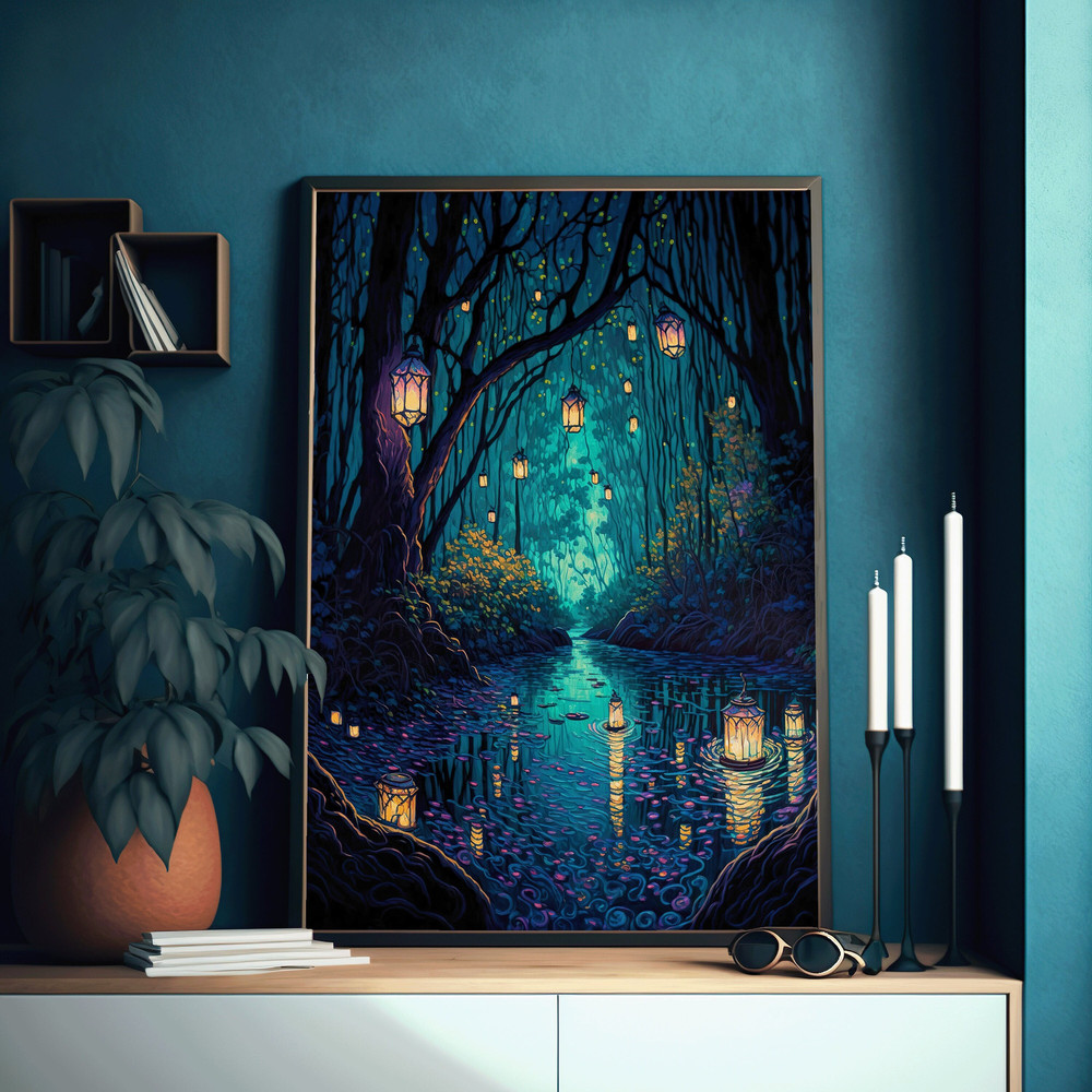 Spiritual Forest Framed Art Print Lanterns, Trees and a River Fantasy Painting Living Room Framed Wall Prints Christmas.jpg