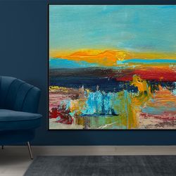 unique sun set wall decor living room wall art canvas painting with frame, large original art work stretched canvas art