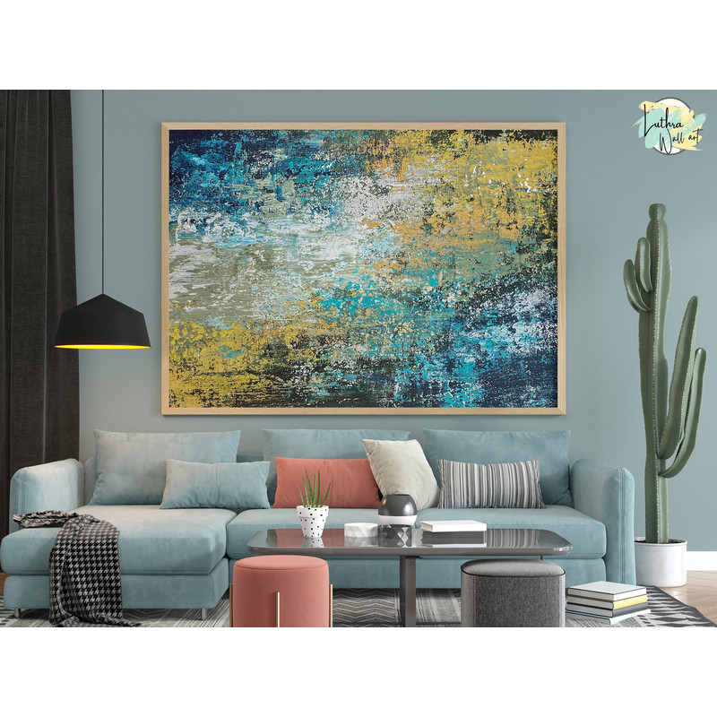 Original Abstract Artwork Brush Strokes Blue And Gold Wall Art Canvas Wall Painting, Extra Large Wall Art Abstract Acrylic Painting.jpg