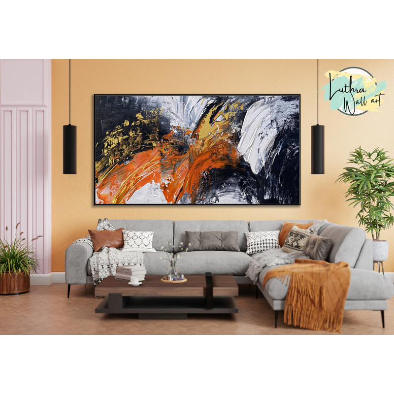 Extra Large Painting Orange Black And White Abstract Art Of a House, Original Art Painting On Canvas Wall Art Living Room Decor, Big Art.jpg
