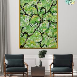 handmade green tree leaf artwork for room unique palette knife painting on canvas nature painting minimalist greennature