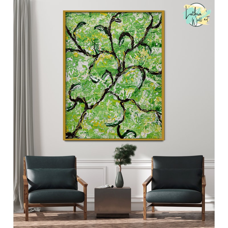 Handmade Green Tree Leaf Artwork For Room Unique Palette Knife Painting On Canvas Nature Painting Minimalist Green Nature Art For Halloween.jpg