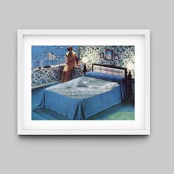 bedroom collage art, blue surrealism print, hotel room art