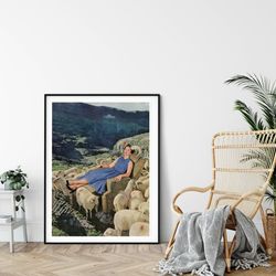 extra large animal print, sheep art, huge art, living room print, female art, staple art