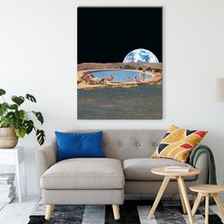 canvas wall art, extra large canvas print, large living room prints, poster, space moon swimming pool