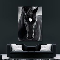 black horse canvas, black horse poster, wild horse painting, horse canvas wall art, black horse poster, animal art, read