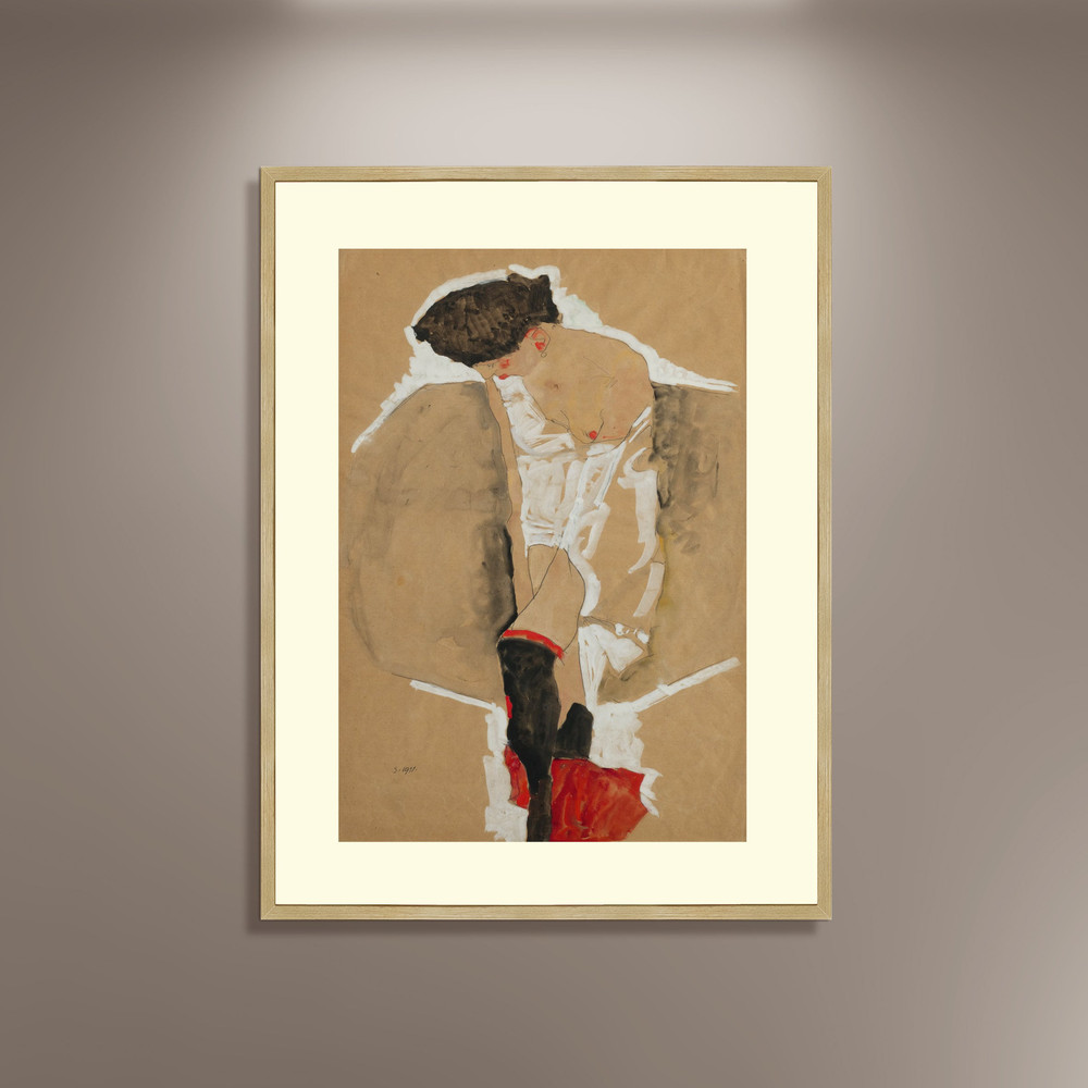 Egon Schiele Standing Female in Shirt with Black Stockings and Red Scarf Print Framed Canvas, Art Decor, Canvas Wall Art, Vintage Poster.jpg