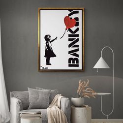 banksy heart balloon graffiti wall art, banksy logo framed canvas, banksy girl with red heart balloon canvas, graffiti w