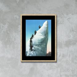 climbers climbing an ice tower photo poster print framed canvas, vintage french poster, mont blanc, france travel, trave