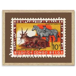 belgisch congo belge stamp, vintage african stamp art postage framed canvas print, african hippotigris, african zebra, t
