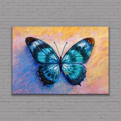 blue abstract butterfly canvas painting, oil painting look minimalist wall art, butterfly poster, framed art, gift for m