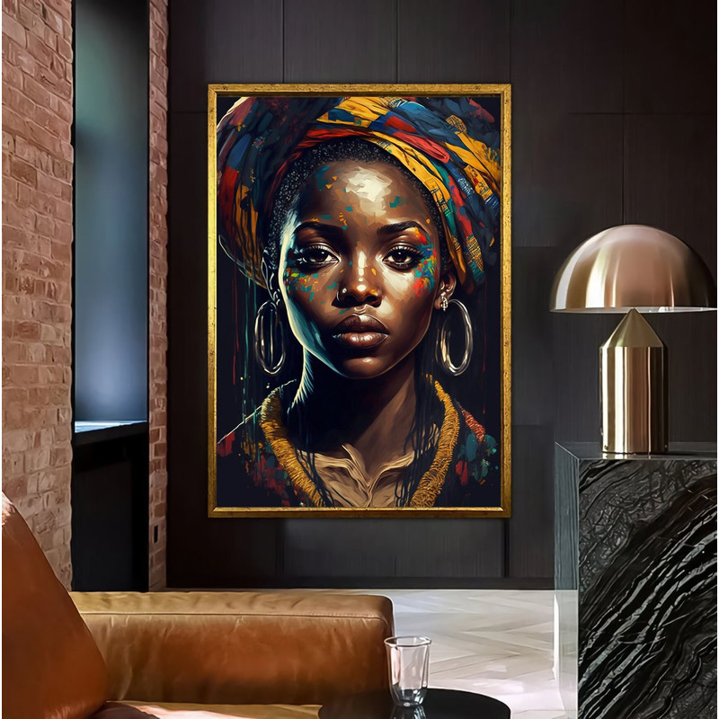 Black Woman Colorful Makeup And Outfits, Woman Art With Scarf, Big Earrings Minimalist Canvas, Black Woman Wall Art, Gift For Home, Art gift.jpg
