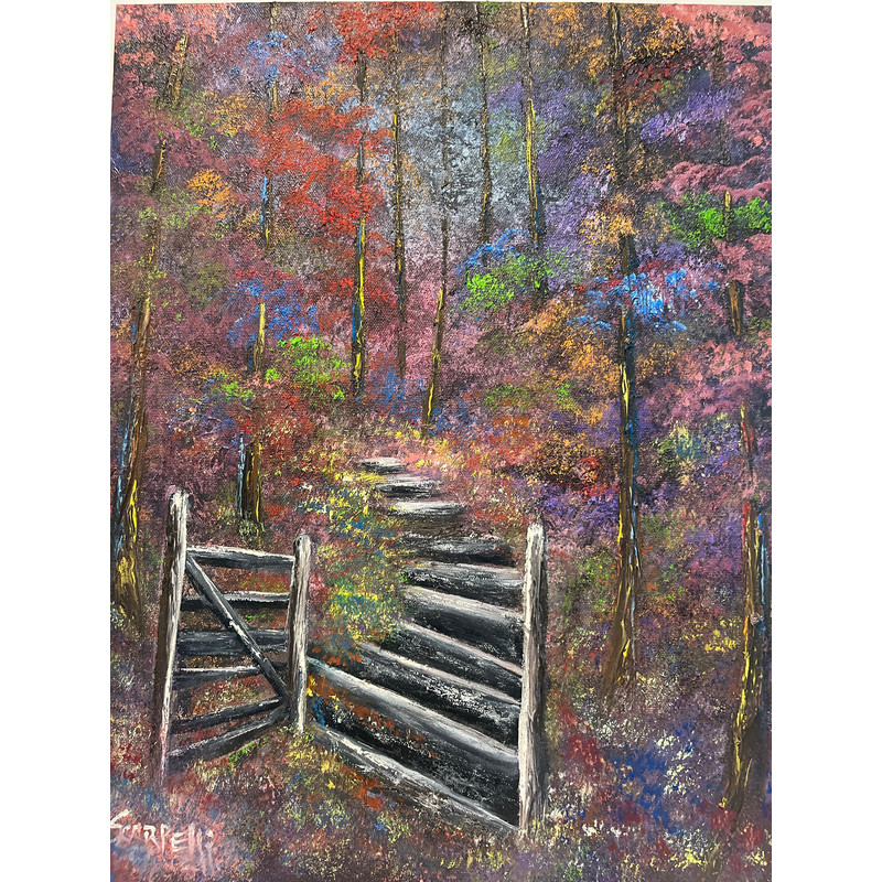 Spring Gated Path, 20x16” oil painting on canvas, vertical, unframed, signed.jpg