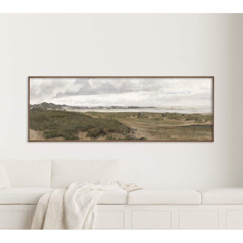 Vintage Waterside Landscape With Cows Grazing Country Painting Framed Panoramic Canvas L397.jpg
