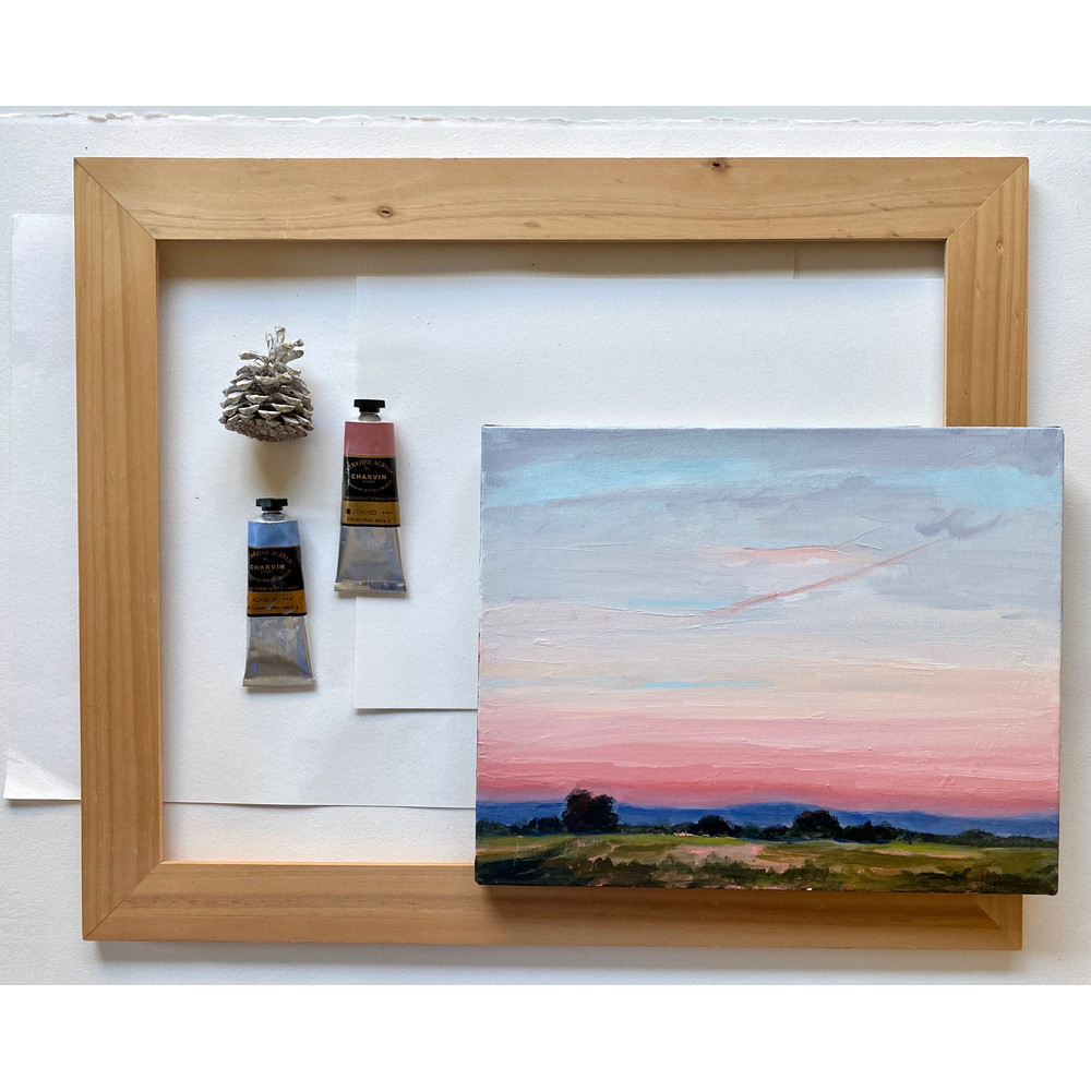 Sunset original landscape acrylic on canvas, pink sky painting, abstract colorful sky, meadow painting.jpg