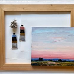 sunset original landscape acrylic on canvas, pink sky painting, abstract colorful sky, meadow painting