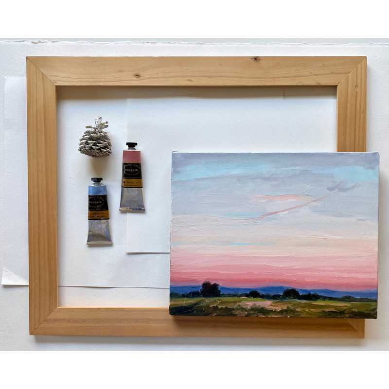 Sunset original landscape acrylic on canvas, pink sky painting, abstract colorful sky, meadow painting.jpg