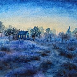sunrise painting original nightlight artwork foggy morning watercolor painting landscape moonlight small painting