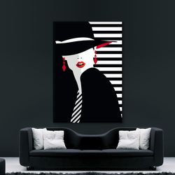 woman with hat canvas, woman with red lipstick poster, woman wall decor, modern home decor, ready to hang canvas