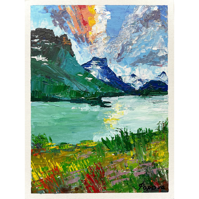 Sunset Mountain By The Lake Original Painting Landscape Artwork Acrylic Painting Canvas on Board 12 by 9 by Popova.jpg