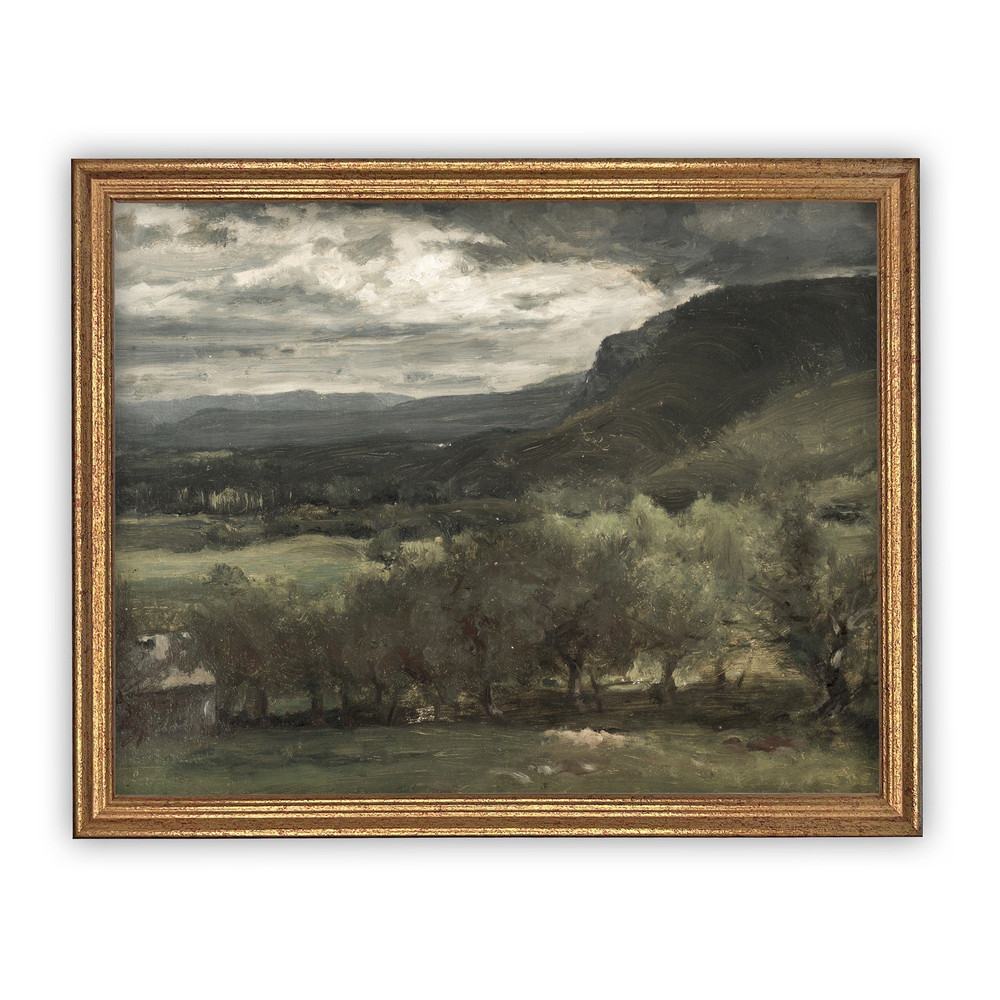 Vintage Framed Canvas Art   Framed Vintage Print  Vintage Painting  Green Pasture Landscape Print  Farmhouse print #LAN-127.jpg