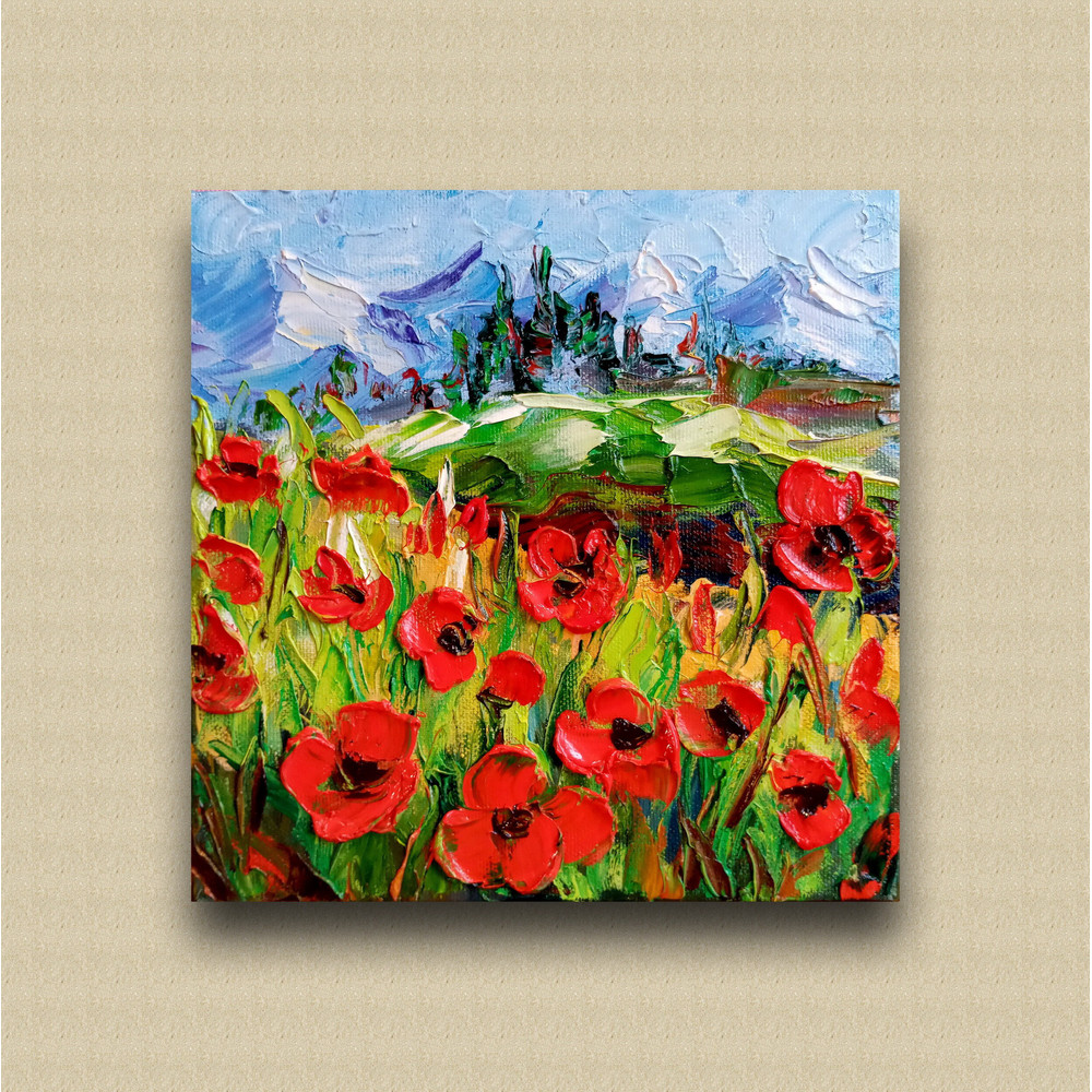 Ukraine landscape Mini canvas acrylic painting Decor wall art original Red flowers Poppy floral wall art Mountain small artwork.jpg