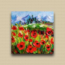 ukraine landscape mini canvas acrylic painting decor wall art original red flowers poppy floral wall art mountain small