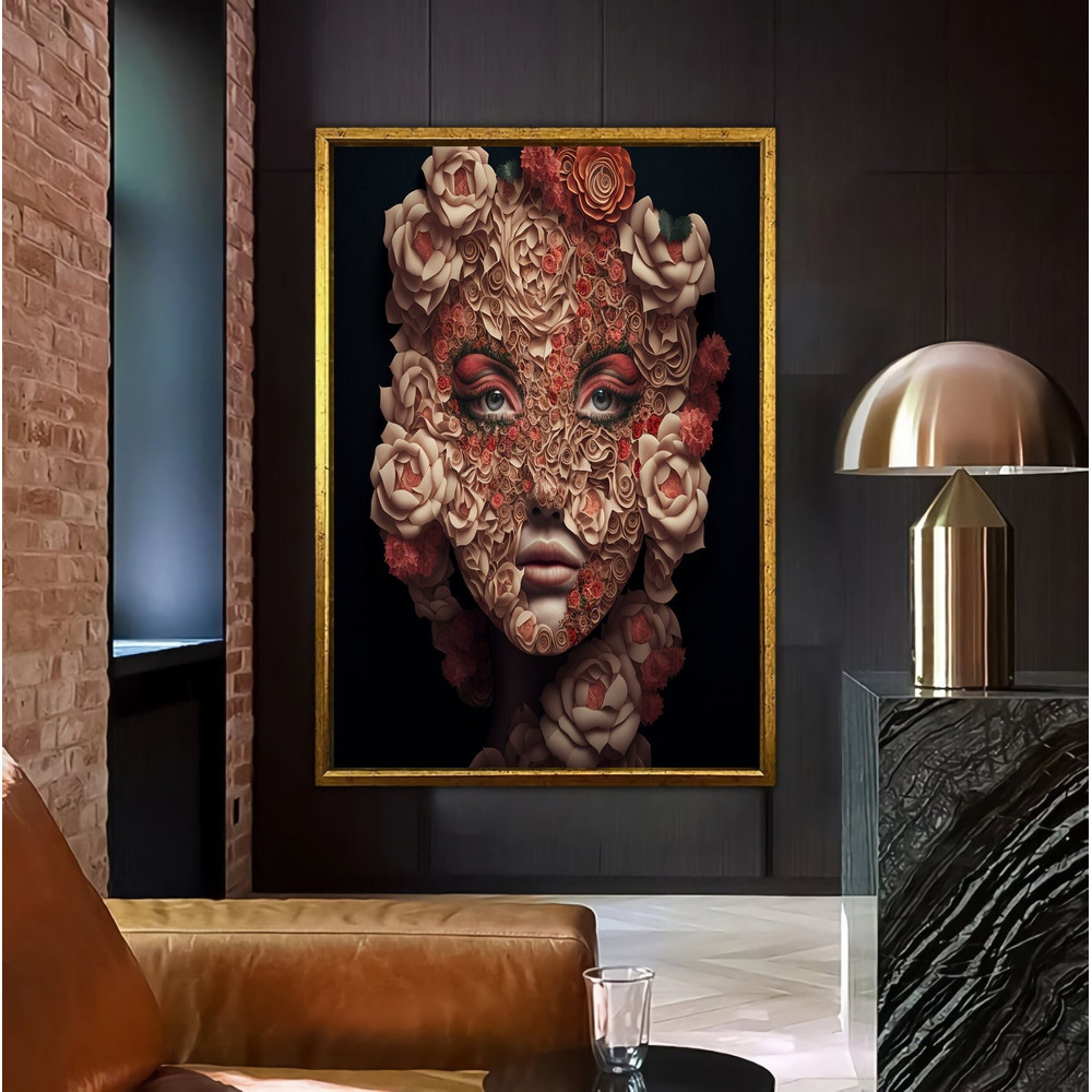 Woman and White Rose Canvas Painting, Woman With Flower Head Wall Art, Woman With Flowers Art, Pink Rose Canvas, Fashion Canvas Art.jpg