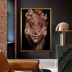 woman and white rose canvas painting, woman with flower head wall art, woman with flowers art, pink rose canvas, fashion