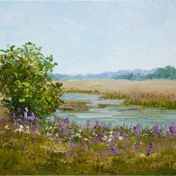 summer landscape oil painting original fine art fields and green trees flower meadows calm neutral landscape small waal