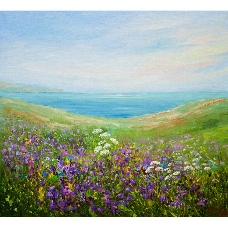 Summer Meadows Painting Landscape Original Art Sea Coast Oil Painting On Canvas Flower Field And Ocean Contemporary Artwork 22 x 24 in.jpg