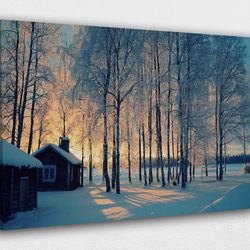 warm cottages in a snowy winter forest canvas design poster print decor for home & office decoration i poster or canvas