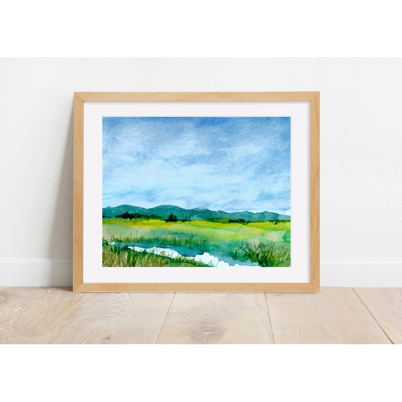 Watercolor Painting PRINT, Stream, River Green Landscape with Mountains, Landscape Artwork,  Wall Art, 8 x 10, 5 x 7, 4 x 6, Art Print.jpg