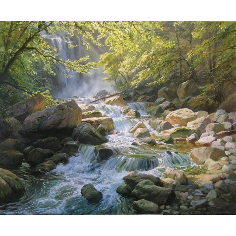 Waterfall painting by Alexander Shenderov Original landscape painting Wall art Large original oil painting on canvas Landscape Realism.jpg