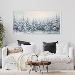 winter wall art, pine trees forest in snow painting canvas print, abstract nature living room wall decor framed unframed