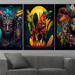 tribal wall art, colorful faces 3-piece wall set, aztec people wall decor, makeup faces, patterned people canvas decor,