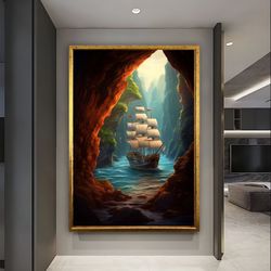 ship wall art, ship view art, sea and ship wall decoration, pirate ship art, cave decor, ship view art, ship wall art, l