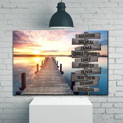 sunset lake dock personalize canvas wall art with name, custom family street sign canvas, family name canvas sign, multi