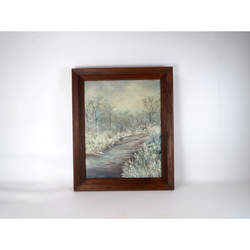 Vintage Landscape Oil Painting on Canvas Wood Framed Wall Art Winter Moody Woods Trees Nature Outdoor Serene Original Signed Artwork 1975.jpg