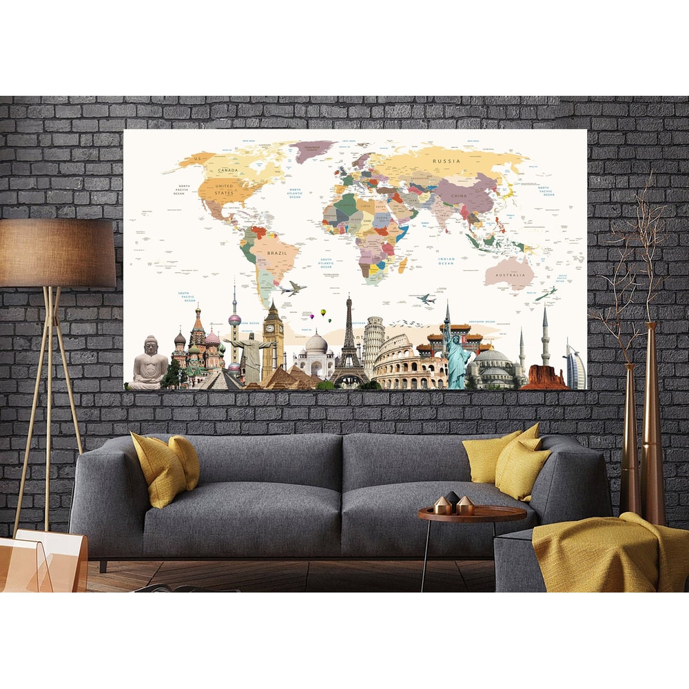Wonders Of The World Beige Art Colorful Canvas World Map Wall Art Push Pin Print Map Set Wall Art Photo Print Photo Decor For Living Room.jpg