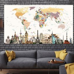 wonders of the world beige art colorful canvas world map wall art push pin print map set wall art photo print photo deco