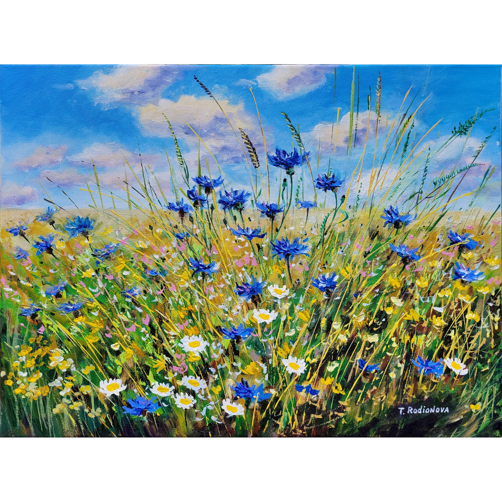 Summer Original painting Cornflowers painting Landscape Original art Acrylic painting Stretched Canvas 18x24 Art by Rodionova TRartGALLERY.jpg