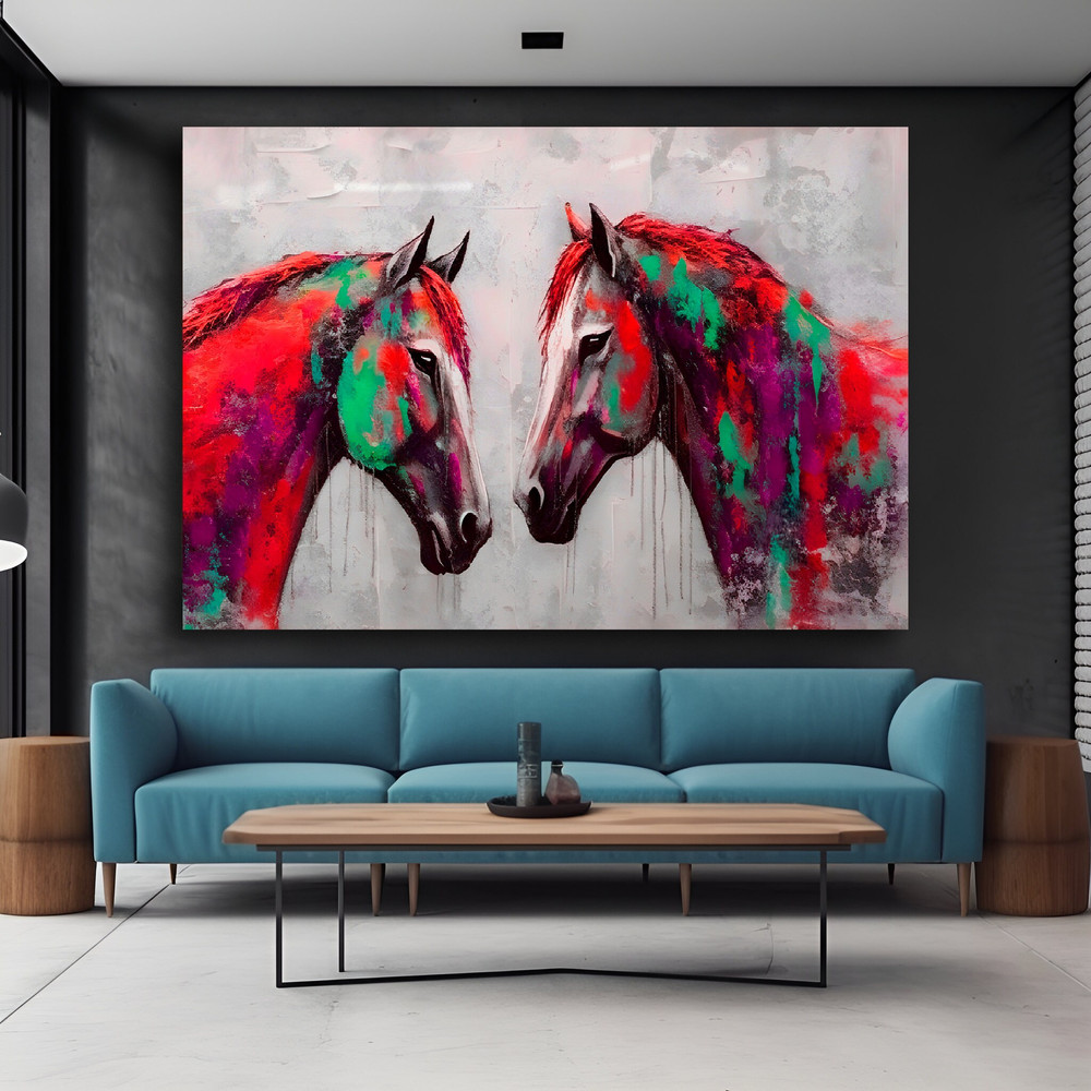 Two Horses Art, Colorful Unique Horse Wall Decor, Animal Wall Painting, Colorful Animal Art, Home Decor, Wall Art, Gift, Office Wall Decor.jpg