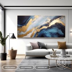 unique golden textured flowing canvas wall art, modern gold leaf wall decoration, blue & gold painting on canvas, golden